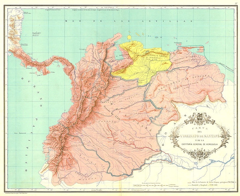 Virreinatio de Santa Fe (pink) and Capitania de Venezuela (yellow) Courtesy Wikipedia.com